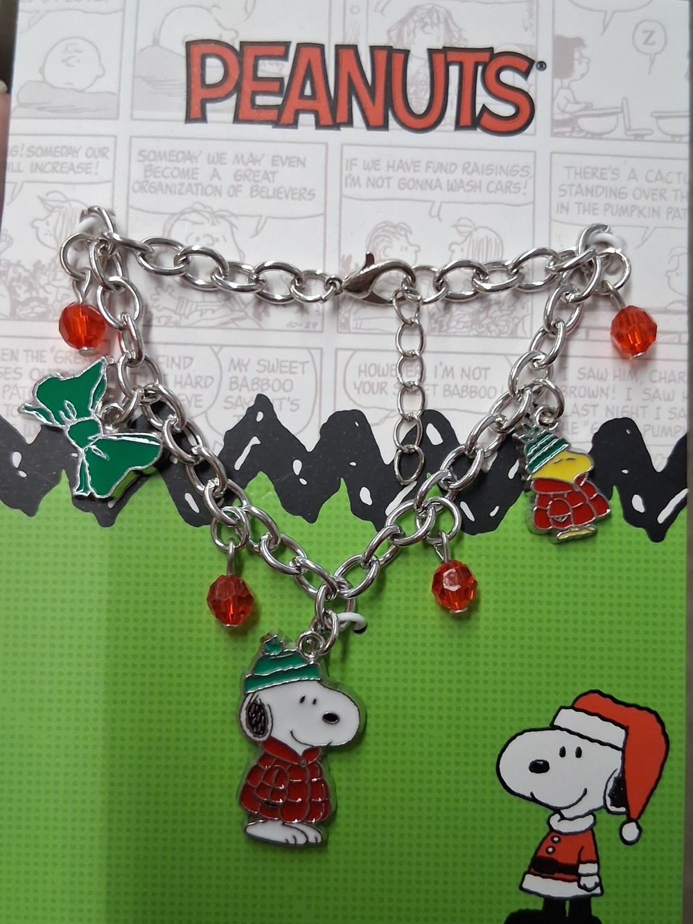 Peanuts Silver Charm Bracelet with Red Beads and Green Enamel Snoopy Charms